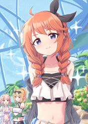 3girls ahoge arms_behind_back bikini bikini_under_clothes black_bikini black_hairband black_headband black_scrunchie black_shorts blonde_hair bow_hairband braid breasts bush chieru_(princess_connect!) chieru_(winter)_(princess_connect!) chloe_(princess_connect!) chloe_(winter)_(princess_connect!) cleavage closed_mouth eyewear_on_head eyewear_on_headwear frilled_bikini_top green_shirt hair_ornament hair_over_shoulder hair_tie hairband hairclip headband highres jacket jacket_over_swimsuit jewelry large_breasts layered_bikini medium_breasts medium_hair multiple_girls navel necklace open_clothes open_mouth open_shirt open_shorts orange_hair pink_hair ponytail princess_connect! purple_bikini purple_eyes scrunchie shirt shorts sidelocks small_breasts smile star_(symbol) star_hair_ornament star_necklace sunglasses swimsuit tied_shirt translucent twin_braids usagichama white_bikini wrist_scrunchie yuni_(princess_connect!) yuni_(winter)_(princess_connect!)