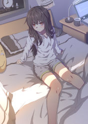 Rule 34 | 1girl, absurdres, alarm clock, arm support, bad id, bad pixiv id, bags under eyes, bed, black-framed eyewear, black hair, brown eyes, cellphone, clock, closed mouth, collarbone, commentary request, computer, cup, curtains, desk, desk lamp, empty eyes, female focus, fingernails, frilled pillow, frills, glasses, grey hoodie, grey shorts, highres, hood, hood down, hoodie, lamp, laptop, long hair, long sleeves, looking at viewer, mug, original, phone, pillow, ray (pixiv9514208), semi-rimless eyewear, short shorts, shorts, sitting, sleepy, smartphone, solo, sunlight, under-rim eyewear, unworn eyewear, very long hair