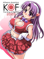 1girl asamiya_athena belt blush breasts cleavage cleavage_cutout clothing_cutout female_focus gloves hairband heart heart_cutout jewelry large_breasts long_hair midriff navel purple_eyes purple_hair skirt sleeveless snk solo the_king_of_fighters the_king_of_fighters_2003 tonpuu