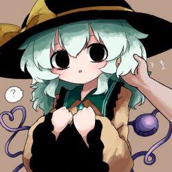 1girl 1other ? bags_under_eyes black_eyes black_hat buttons diamond_button eyeball frilled_shirt_collar frilled_sleeves frills grabbing_another&#039;s_hair green_hair hand_in_another&#039;s_hair hands_in_hair hat hat_ribbon heart heart_of_string heripantomorrow komeiji_koishi ribbon shirt spoken_question_mark third_eye touhou wide_sleeves yellow_ribbon yellow_shirt