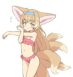 Rule 34 | 1girl, animal ear fluff, animal ears, arknights, bikini, blonde hair, blue hairband, fox ears, fox girl, fox tail, frilled bikini, frills, hairband, jalm, long hair, multiple tails, navel, outstretched arm, pink bikini, smile, solo, stomach, stretching, suzuran (arknights), swimsuit, tail, thighs, very long hair, yellow eyes