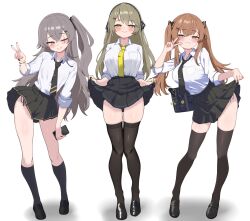 3girls alternate_costume bag bag_charm black_bag black_bow black_hairband black_nails black_necktie black_shoes black_skirt black_socks black_thighhighs blush bow breast_pocket breasts bright_pupils brown_eyes brown_hair cellphone charm_(object) closed_mouth clothes_lift collared_shirt commentary_request dress_shirt drop_shadow fingernails full_body girls&#039;_frontline girls&#039;_frontline_2:_exilium green_eyes grey_hair gyaru hair_bow hair_ornament hairband hairpin half-closed_eyes hand_up highres holding holding_phone kneehighs kogal korean_commentary lainie_(girls&#039;_frontline_2) large_breasts lenna_(girls&#039;_frontline_2) leva_(girls&#039;_frontline_2) lifting_own_clothes loafers long_hair long_sidelocks looking_at_viewer miniskirt multiple_girls multiple_hairpins nail_polish necktie oldsickkim one_side_up parted_lips partially_unzipped phone pleated_skirt pocket satchel scar scar_across_eye scar_on_face school_bag school_uniform seductive_smile shadow shirt shirt_tucked_in shoes siblings side-tie_peek sidelocks simple_background sisters skindentation skirt skirt_hold skirt_lift sleeves_rolled_up smartphone smile socks standing taut_clothes taut_shirt tented_shirt thighhighs thighs three-quarter_sleeves tie_clip twintails ump40_(girls&#039;_frontline) ump45_(girls&#039;_frontline) ump9_(girls&#039;_frontline) v very_long_hair white_background white_pupils white_shirt wing_collar yellow_nails yellow_necktie zettai_ryouiki