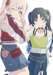 1other 2girls akiyama_mizuki alternate_costume alternate_hairstyle androgynous black_hair blue_hair bracelet choker hair_ornament heart highres jewelry long_hair looking_at_viewer multicolored_hair multiple_girls one_eye_closed pink_eyes pink_hair project_sekai shiraishi_an simple_background skirt smile twintails white_background yellow_eyes yuki72611
