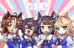 &gt;_&lt; 4girls \m/ animal_ears blonde_hair blue_eyes blue_hair blush_stickers bow bowtie brown_hair commentary_request daitaku_helios_(umamusume) ear_covers fang gold_city_(umamusume) hair_bow hair_ornament horse_ears horse_girl long_hair looking_at_viewer mejiro_palmer_(umamusume) multicolored_hair multiple_girls open_mouth pink_eyes school_uniform skin_fang smile star_(symbol) star_hair_ornament streaked_hair sumikawa_(sumikawa8v) tosen_jordan_(umamusume) tracen_school_uniform umamusume v watermark white_hair