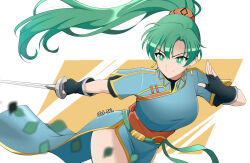1girl artist_name breasts cowboy_shot dress earrings fire_emblem fire_emblem:_the_blazing_blade green_dress green_eyes green_hair high_ponytail highres holding holding_sword holding_weapon jetaxl_tanuki jewelry long_hair lyn_(fire_emblem) medium_breasts nintendo ponytail simple_background solo sword weapon white_background