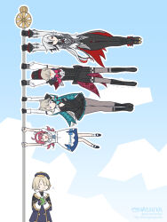 2boys 3girls :i arlecchino_(genshin_impact) artist_name black_bow black_footwear black_gloves black_hair black_pants black_shorts blue_bow blue_sky boots bow bowtie center_frills clervie_(genshin_impact) closed_eyes closed_mouth cloud coattails commentary_request cone_hair_bun cross-laced_footwear day dress eating flagpole freminet_(genshin_impact) frills full_body genshin_impact gloves grey_hair grey_pantyhose grey_shirt grey_vest hair_between_eyes hair_bun hat hat_bow highres long_bangs long_hair long_sleeves lynette_(genshin_impact) lyney_(genshin_impact) mary_janes multicolored_hair multiple_boys multiple_girls natsuya_(kuttuki) o-ring o-ring_thigh_strap open_mouth outdoors pants pantyhose pink_bow pink_bowtie pink_hair puffy_short_sleeves puffy_sleeves red_eyes red_hat shirt shoes short_hair short_sleeves shorts sky smile thigh_strap top_hat two-tone_hair vest watermark web_address white_dress white_hair white_shirt