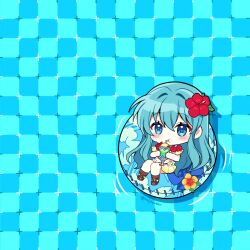 1girl bikini blue_innertube blush checkered_background chibi chibi_only commentary cup drinking_glass drinking_straw drinking_straw_in_mouth eirika_(fire_emblem) eirika_(summer)_(fire_emblem) fire_emblem fire_emblem:_the_sacred_stones fire_emblem_heroes flower food full_body hair_between_eyes hair_flower hair_ornament highres holding holding_cup ice_cream ice_cream_float long_hair looking_at_viewer maji_(majibomber) nintendo official_alternate_costume on_innertube red_flower solo swimsuit symbol-only_commentary twitter_username very_long_hair