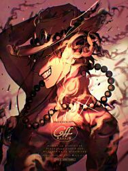 1boy arm_up clenched_teeth devil_fruit_power fire glint gradient_background grin hand_on_headwear hat jewelry looking_at_viewer male_focus necklace one_piece pearl_necklace portgas_d._ace profile short_hair signature smile solo teeth topless_male upper_body yum_xoxo_yum