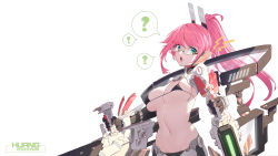 1girl ? bikini black_bikini black_gloves breasts cellphone cradling_phone dual_wielding female_focus glasses gloves green_eyes groin highres holding huang_(volt0526) large_breasts long_hair looking_at_viewer mecha_musume micro_bikini navel phone pink_hair revealing_clothes shrug_(clothing) simple_background smartphone solo spoken_question_mark stomach swimsuit talking_on_phone white_background