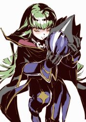 Rule 34 | 1girl, black gloves, c.c., cape, code geass, cosplay, gloves, green hair, helmet, highres, kobayashiyouyouko, long hair, looking at viewer, simple background, white background, yellow eyes, zero (code geass), zero (code geass) (cosplay)