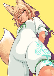 1girl absurdres animal_ear_fluff animal_ears arms_behind_back blonde_hair blush breasts fang fox_ears fox_girl fox_tail fuuzasa green_ribbon hair_between_eyes highres kudamaki_tsukasa long_bangs looking_at_viewer looking_down neck_ribbon open_mouth orange_background ribbon romper short_hair simple_background sleeve_ribbon small_breasts smile solo tail touhou white_romper yellow_background yellow_eyes