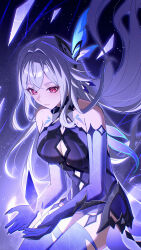 1girl bare_shoulders black_leotard body_markings breasts cleavage cleavage_cutout closed_mouth clothing_cutout commentary cowboy_shot crystal floating_hair genshin_impact grey_hair hair_intakes hair_ornament highres large_breasts leotard long_hair looking_at_object open_hands prosthesis red_eyes skirk_(genshin_impact) so_zei_tama_tama solo thighs
