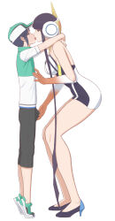 Rule 34 | 1boy, 1girl, age difference, blush, elesa (pokemon), elesa (sygna suit) (pokemon), erection, eye contact, full body, looking at another, mizuno (pixiv31352320), nintendo, pokemon, pokemon masters ex, scottie (pokemon), simple background, size difference, white background