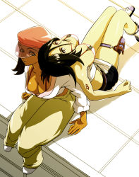00s 2girls back-to-back black_hair breasts cleavage dark_skin dark-skinned_female downblouse eureka_seven eureka_seven_(series) f_(pixiv) from_above fuji_(artist) gidget hat large_breasts multiple_girls short_hair sitting skirt talho_yuuki tank_top tattoo thigh_strap thighs visor visor_cap