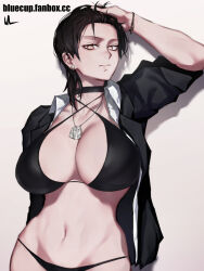 1girl adjusting_hair bikini black_bikini black_hair black_jacket bluecup breasts brown_hair cleavage earrings fanbox_username highres jacket jewelry large_breasts looking_at_viewer navel open_clothes open_jacket open_shirt original shadow shirt simple_background solo stomach stud_earrings swimsuit upper_body white_background white_shirt