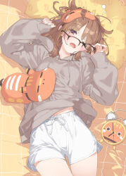 1girl alarm_clock arm_up bed_sheet black-framed_eyewear brown_hair clock commentary_request drawstring drooling glasses grey_hoodie hand_up highres hood hood_down hoodie kani_biimu long_sleeves looking_at_viewer lying mask mask_on_head midriff_peek navel on_back one_eye_closed open_mouth over-rim_eyewear pillow pinching_sleeves puffy_long_sleeves puffy_sleeves purple_eyes semi-rimless_eyewear sendo_yuuhi short_shorts shorts sleep_mask sleeves_past_wrists solo tears virtual_youtuber vspo! white_shorts