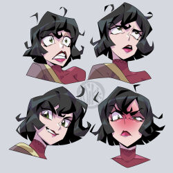1girl angry black_hair brown_shirt cassandra_(tangled) clenched_teeth closed_mouth multiple_expressions green_eyes grey_background hair_between_eyes highres looking_afar looking_at_viewer mikkusushi multiple_views off-shoulder_shirt off_shoulder open_mouth parted_lips portrait red_lips red_shirt shirt shirt_under_shirt short_hair signature surprised tangled rapunzel&#039;s_tangled_adventure teeth turtleneck