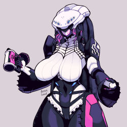 1girl alternate_breast_size artist_name breasts butter_sugoi commentary curvy grey_background highres holding holding_weapon huge_breasts monster_girl nephila_idmonaraku_ne ohsama_sentai_king-ohger sagging_breasts signature solo super_sentai weapon