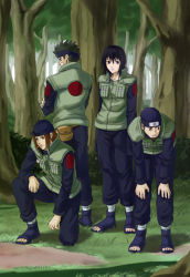 Rule 34 | 1girl, 3boys, back, bandages, bandana, bent over, black hair, brown hair, forehead protector, forest, full body, grass, hair between eyes, kneeling, long sleeves, multiple boys, namiashi raidou, naruto (classic), naruto (series), nature, on one knee, outdoors, pants, plant, sandals, shiranui genma, shizune (naruto), spiked hair, standing, tatami iwashi, tk (tk&#039;s level4), toes, tree, vest