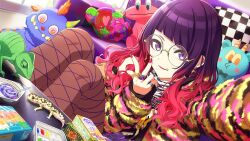 1girl :q animal animal_print bespectacled blunt_bangs chameleon checkered_pillow commentary couch diagonal_bangs ear_piercing earrings eyeliner fur_jacket game_cg gecko glasses gradient_hair idolmaster idolmaster_shiny_colors indoors jacket jewelry looking_at_viewer makeup multicolored_hair multicolored_jacket multiple_rings off_shoulder official_art on_floor pantyhose piercing pillow pink_eyeliner pink_hair pink_lips pink_nails purple_eyes purple_hair ring round_eyewear scarf selfie shirt sitting sleeveless sleeveless_shirt smile snack solo stuffed_animal stuffed_toy table tanaka_mamimi tongue tongue_out w yellow-framed_eyewear zebra_print