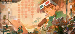 1girl 3d_glasses :t an-an_lee arm_up balloon bamboo_steamer black_gloves black_hair black_skirt clothes_writing copyright_name copyright_notice dim_sum eating film_strip finger_to_mouth fingerless_gloves flower food food_on_face gloves green_jacket hand_up heterochromatic_eyewear highres holding holding_spoon index_finger_raised jacket lamppost lantern lily_(flower) lion_dance logo looking_at_viewer medium_hair miniskirt multiple_views official_art official_wallpaper orange_background paper_lantern pencil_skirt plant ponytail potted_plant reverse:1999 round_table shirt sign skirt spoon stairs table tinted_eyewear white_shirt yellow_eyes