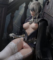 1girl 3d absurdres artist_name baluster blender_(medium) breasts breasts_out cleft_of_venus duchess_(elden_ring) elden_ring elden_ring_nightreign garter_straps highres holding holding_knife holding_weapon knife lace lace-trimmed_thighhighs lace_trim looking_at_viewer medium_breasts nianbingzi nipples parted_lips photoshop_(medium) pussy sitting solo stairs thighhighs thighs weapon