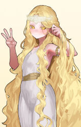 1boy absurdres androgynous armlet armpit_crease armpits blonde_hair circlet colored_eyelashes commentary_request cowboy_shot ekrea_jan elden_ring gold_circlet hair_behind_ear highres jewelry long_hair looking_at_viewer miquella_(elden_ring) sleeveless_tunic smile smug solo trap tunic very_long_hair w white_tunic yellow_background yellow_eyes