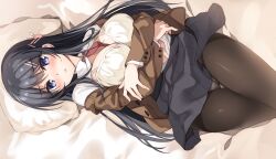 absurdres arm_under_breasts black_hair blue_eyes bra breasts cleavage clothes_lift highres long_hair oryo_(oryo04) pantyhose sakurajima_mai school_uniform seishun_buta_yarou skirt skirt_lift underwear