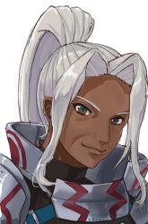 Rule 34 | 1girl, dark-skinned female, dark skin, fire emblem, fire emblem engage, grey hair, high ponytail, highres, iipzeyjhms0dohl, long hair, looking at viewer, mature female, nintendo, ponytail, saphir (fire emblem), smile, solo, white hair