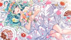 1girl :d ahoge animal_ear_fluff animal_ears bare_shoulders blue_flower blue_rose blush bouquet cat_ears collarbone commentary_request cookie cup detached_sleeves dress dutch_angle feet_out_of_frame flower food green_hair hanagata holding holding_bouquet knees_together_feet_apart lanmewko long_hair looking_at_viewer lying meridian_project on_back open_mouth pink_flower pink_rose plate puffy_short_sleeves puffy_sleeves purple_eyes rose saucer short_sleeves smile solo tea teacup virtual_youtuber white_dress white_sleeves yellow_flower yellow_rose