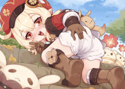 1girl ass batazungharn blonde_hair bloomers boots brown_boots brown_eyes brown_gloves commentary genshin_impact gloves hat highres klee_(genshin_impact) loli long_sleeves looking_at_viewer newsboy_cap open_mouth paid_reward_available peaked_cap pointy_ears red_hat short_hair solo teeth underwear upper_teeth_only v white_bloomers