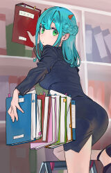 Rule 34 | 1girl, aqua hair, ass, bare legs, binder, black footwear, black shirt, black skirt, blush, bookshelf, braid, breasts, commentary request, demon girl, demon horns, file, green eyes, half updo, high heels, highres, horns, indoors, ladder, looking at viewer, looking back, medium breasts, nahia (some1else45), office lady, on one knee, original, pencil skirt, shirt, skirt, solo, some1else45, strappy heels
