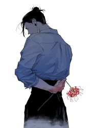 1boy arm_behind_back black_hair blood blood_on_hands closed_eyes collared_shirt commentary cowboy_shot earrings flower from_behind getou_suguru hair_bun hair_slicked_back head_down highres jewelry jujutsu_kaisen male_focus ntyk_no shirt simple_background sleeves_rolled_up solo spider_lily stud_earrings white_background white_shirt