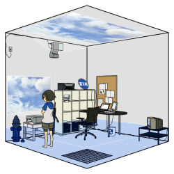 1girl bad_id bad_pixiv_id barefoot chair cloud computer computer_keyboard female_focus fire_hydrant hood hoodie laptop oil-paper_umbrella original printer projector raglan_sleeves ruri_(uewtsol) sky solo television translated trash_can uewtsol umbrella water