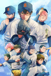 6+boys ace_of_diamond baseball_bat baseball_cap baseball_glove baseball_uniform black_hair blue_background blue_eyes brown_eyes brown_hair buzz_cut clenched_hand crossed_arms furuya_satoru glasses gloves green_hair hair_over_eyes hat highres isashiki_jun kominato_haruichi kominato_ryousuke kuramochi_youichi looking_at_viewer male_focus masuko_tooru miyuki_kazuya multiple_boys ootsuya over_shoulder pink_hair sawamura_eijun shirt short_hair sportswear very_short_hair white_shirt yuuki_tetsuya