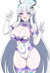 1girl blue_archive blush breasts choujigen_game_neptune cleavage cleavage_cutout clothing_cutout cosplay covered_navel cowboy_shot double_v gloves gluteal_fold grey_hair hair_between_eyes hair_ornament halo hands_up highres large_breasts leotard long_hair looking_at_viewer mechanical_halo neptune_(series) noa_(blue_archive) open_mouth purple_eyes purple_sister purple_sister_(cosplay) simple_background smile solo stiris_rangetsu thigh_gap thighhighs v very_long_hair white_background white_hair white_halo