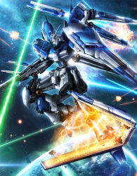 battle beam beam_rifle char&#039;s_counterattack char&#039;s_counterattack_-_beltorchika&#039;s_children commentary debris earth_(planet) electricity energy_gun exhaust explosion fin_funnels glowing glowing_eyes gun gundam hi-nu_gundam highres holding holding_gun holding_weapon mecha mobile_suit planet robot science_fiction shield solo space star_(sky) v-fin weapon yellow_eyes youiki