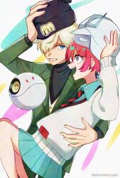 Rule 34 | 1boy, 1girl, amate yuzuriha, aqua eyes, beanie, black shirt, blonde hair, blue eyes, borrowed clothes, char aznable, collared shirt, eye mask, green jacket, gundam, gundam gquuuuuux, hair over one eye, hat, helmet, highres, jacket, long sleeves, necktie, non-humanoid robot, open mouth, pom pom (clothes), pom pom beanie, red hair, robot, school uniform, senno yozora, shirouzu (gundam), shirt, short hair, skirt, smile, sweater, turtleneck