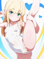 1girl baselard blonde_hair breasts colorful_background covered_navel eyebrows_hidden_by_hair frame_arms_girl green_eyes highres ko_pot-au-feu long_hair one-piece_swimsuit school_swimsuit small_breasts solo split standing standing_on_one_leg standing_split swimsuit v white_one-piece_swimsuit