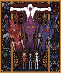 Rule 34 | 1boy, 2girls, amandasmurfee, angel (evangelion), ayanami rei, bodysuit, border, crucifixion, eva 00, eva 01, eva 02, full body, highres, holding hands, ikari shinji, lilith (evangelion), mecha, mecha pilot suit, multiple girls, neon genesis evangelion, red bodysuit, robot, souryuu asuka langley, standing, the end of evangelion, white bodysuit, yellow border