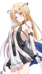 1girl bare_shoulders blonde_hair blue_eyes blush breasts cartethyia_(wuthering_waves) closed_mouth commentary crown_of_thorns earrings floating_earrings hand_up highres jewelry long_hair looking_at_viewer medium_breasts omuretsu pointy_ears sideboob signature simple_background solo tacet_mark_(wuthering_waves) very_long_hair watermark white_background wuthering_waves