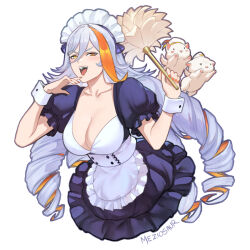 3girls alternate_costume baldr_(fire_emblem) breasts cleavage enmaided female_focus fire_emblem fire_emblem_heroes gloves heterochromia hodr_(fire_emblem) large_breasts long_hair maid meziosaur multicolored_hair multiple_girls nail_polish nintendo orange_nails siblings single_hair_streak sisters solo_focus two-tone_hair vali_(fire_emblem) white_hair yellow_eyes
