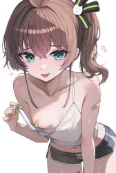 Rule 34 | 1girl, :d, absurdres, ahoge, alternate costume, aqua eyes, bandaid, bandaid on arm, bandaid on leg, bandaids on nipples, black ribbon, black shorts, brown hair, camisole, commentary, crop top, crossed bangs, dolphin shorts, fang, green nails, hair between eyes, hair ribbon, heart, highres, hololive, kkato, looking at viewer, medium hair, midriff, nail polish, natsuiro matsuri, navel, no bra, open mouth, pasties, ribbon, short shorts, shorts, side ponytail, sidelocks, simple background, single off shoulder, smile, solo, virtual youtuber, white background, white camisole, yellow nails