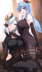 2girls absurdres ahoge akchu bad_id bad_twitter_id bare_shoulders black_bodysuit black_gloves black_leotard black_pantyhose blue_eyes blue_hair bodystocking bodystocking bodysuit breasts clothing_cutout collar couch covered_navel detached_collar elbow_gloves ganyu_(genshin_impact) genshin_impact gloves goat_horns gradient_eyes hair_ornament hand_on_own_chest highres hip_vent horns kneeling large_breasts leotard looking_at_viewer multicolored_eyes multiple_girls on_couch pantyhose parted_lips partially_fingerless_gloves purple_eyes shenhe_(genshin_impact) shoulder_cutout sitting thighs white_collar white_hair