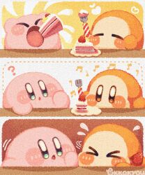 Rule 34 | &gt; &lt;, :o, ?, blue eyes, blush stickers, brown eyes, cake, cake slice, closed eyes, commentary, drooling, eating, flying sweatdrops, food, fork, fruit, highres, holding, holding fork, kirby, kirby (series), musical note, nintendo, open mouth, plate, signature, strawberry, tokkakyou, waddle dee