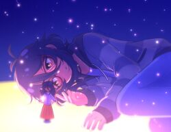 1girl :o antenna_hair black_hair black_hood blue_background blue_pants bright_pupils brown_eyes character_doll commentary dark-skinned_female dark_skin denim donuqx double-parted_bangs drawstring feet_out_of_frame glasses grey_jacket grey_shirt hair_between_eyes hood hood_down hooded_jacket jacket jeans light_particles long_sleeves looking_at_doll lying medium_hair mincy_(omori) omori on_side open_clothes open_jacket open_mouth pants puffy_long_sleeves puffy_sleeves red-framed_eyewear shirt simple_background sleeves_past_wrists solo striped_clothes striped_jacket symbol-only_commentary underlighting white_pupils