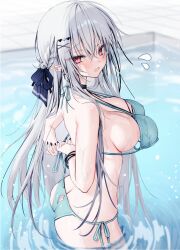 Rule 34 | 1girl, ass, ass cutout, bare shoulders, bikini, blue bikini, blush, bow, breasts, butt crack, choker, cleavage, clothing cutout, grey hair, hair between eyes, hair bow, hair ornament, highres, large breasts, long hair, nail polish, open mouth, original, red eyes, solo, stomach, sweat, sweatdrop, swimsuit, wardrobe malfunction, water, yoruhoshi owl