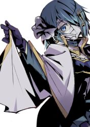 1girl bandaged_head bandages black_gloves black_pantyhose blue_eyes blue_hair blue_shirt blue_skirt bow breasts cape cape_hold cleavage collared_cape colored_eyelashes covered_mouth cowboy_shot fortissimo frilled_shirt frills gloves grey_arm_warmers hair_bow hair_ornament hairclip highres looking_at_viewer magical_girl mahou_shoujo_madoka_magica mahou_shoujo_madoka_magica:_walpurgis_no_kaiten miki_sayaka miki_sayaka_(magical_girl) miniskirt musical_note musical_note_hair_ornament mutsuki_riichi one_eye_covered outstretched_arm pantyhose pleated_skirt shirt short_hair simple_background skirt solo white_background white_bow white_cape
