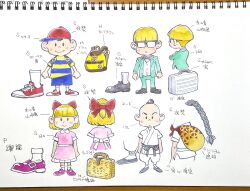 Rule 34 | 1girl, 3boys, akahanadragon, bag, baseball cap, black hair, blonde hair, bow, bowtie, briefcase, collared dress, dougi, dress, facing viewer, formal clothes, full body, glasses, hair bow, handbag, hat, japanese text, jeff andonuts, karate gi, mother (series), mother 2, multiple boys, ness (mother 2), nintendo, notebook, paula (mother 2), poo (mother 2), reference sheet, sack, shirt, shoes, shorts, smile, sneakers, standing, striped clothes, striped shirt, suit, suitcase, topknot, traditional media