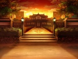Rule 34 | artist request, backlighting, building, bush, cloud, fence, game cg, lantern, magia record: mahou shoujo madoka magica gaiden, mahou shoujo madoka magica, no humans, official art, orange sky, path, road, scenery, shrine, sky, stairs, street, sunset, tree